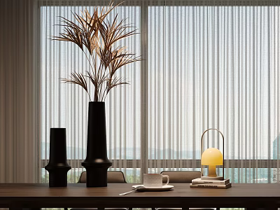 Modern Tabletop Aquatic Plants in Black Vase with Sheer Curtain Window and Sea View 3d model