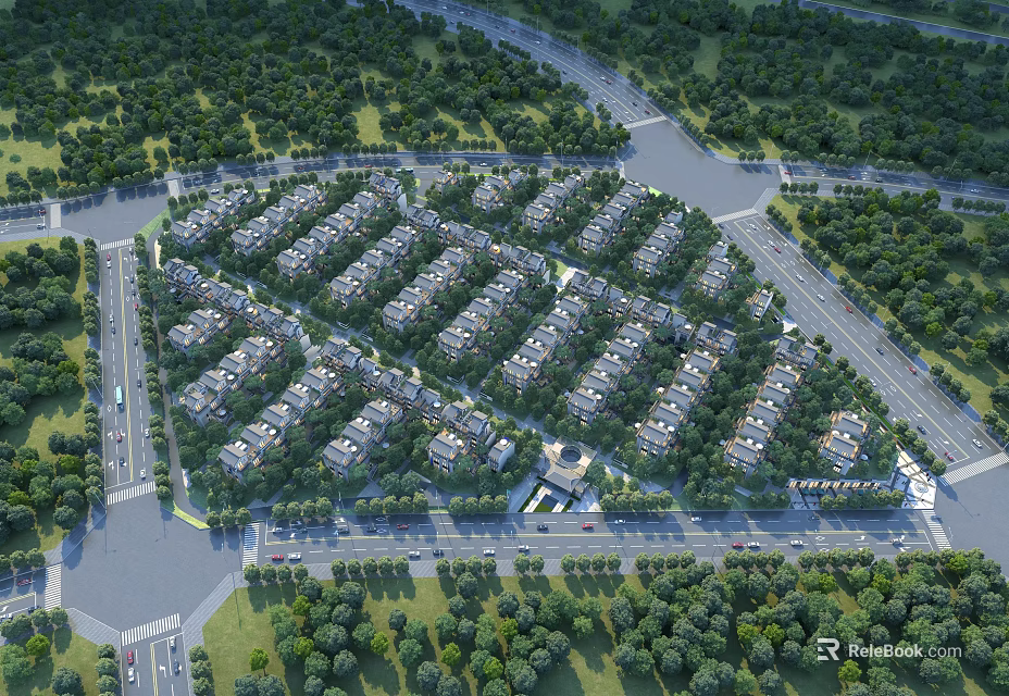 Aerial Planning of Residential Area With Neat Housing Layout Roads And Green Trees 3d model 