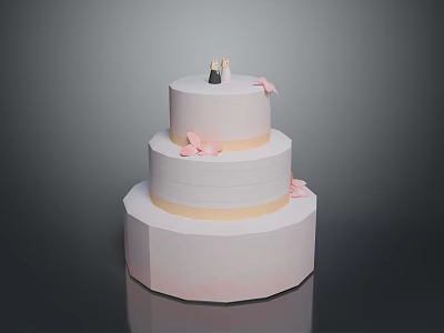 Three Tiered Pink And White Wedding Cake With Bride Groom Figurine And Butterfly Decorations 3d model