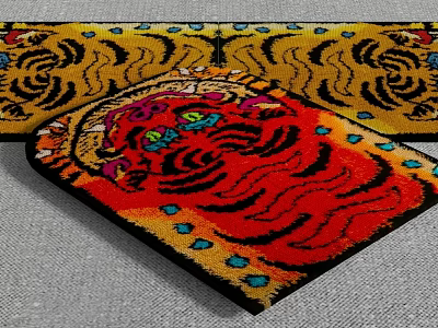 Decorative Square Carpet Featuring Detailed Tiger Pattern In Red Yellow Hues For Home Decor 3d model