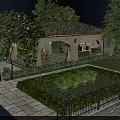 Serene Garden Landscape With Arched Pavilion Tile Roof Trimmed Shrubs Stone Pathway And Greenery