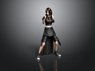 Female Warrior Character In Black Leather Outfit Standing Pose With Short Hair And Combat Gloves 3d model