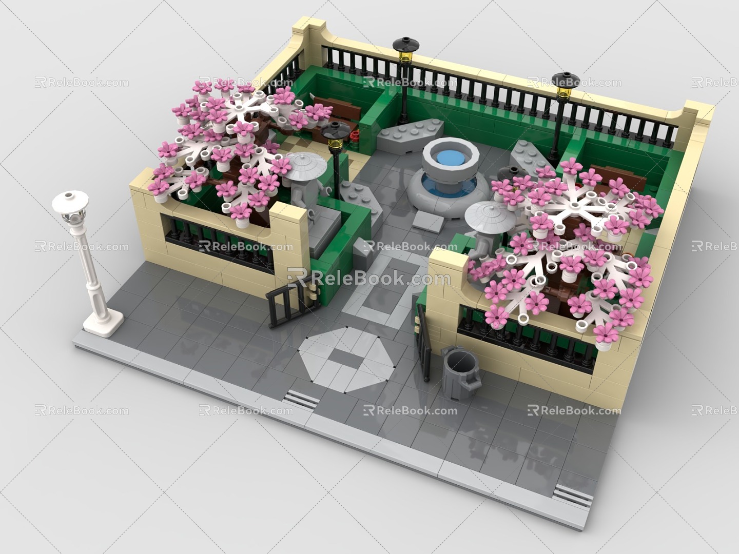 Lego toy blocks garden park cherry blossom fountain 3d model