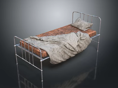 Simple Metal Frame Bed With Brown Mattress Gray Blanket And Pillow 3d model