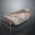 Simple Metal Frame Bed With Brown Mattress Gray Blanket And Pillow