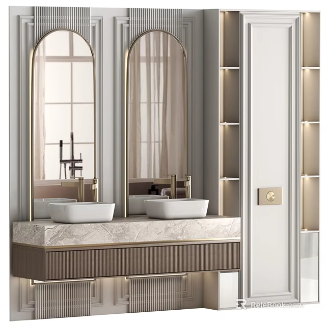 Elegant Modern Bathroom Vanity With Marble Countertop Double Sinks Gold Fixtures And Mirrors 3d model 