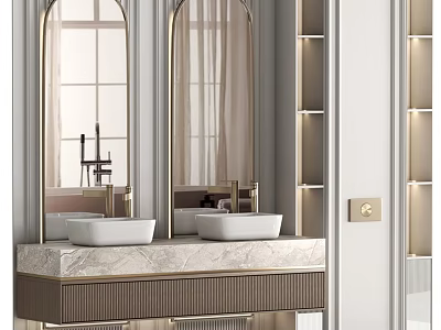 Elegant Modern Bathroom Vanity With Marble Countertop Double Sinks Gold Fixtures And Mirrors 3d model