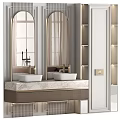 Elegant Modern Bathroom Vanity With Marble Countertop Double Sinks Gold Fixtures And Mirrors