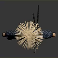 Traditional Asian Character Wearing Conical Hat Blue Top Brown Pants With Sword At Waist