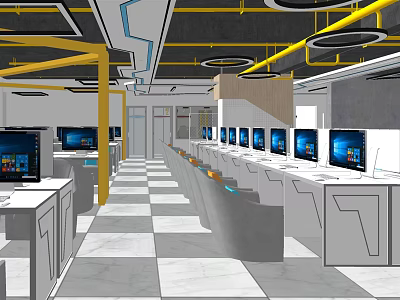 Modern Internet Cafe Interior With Multiple Computers Neat Desks And Yellow Ceiling Pipes 3d model