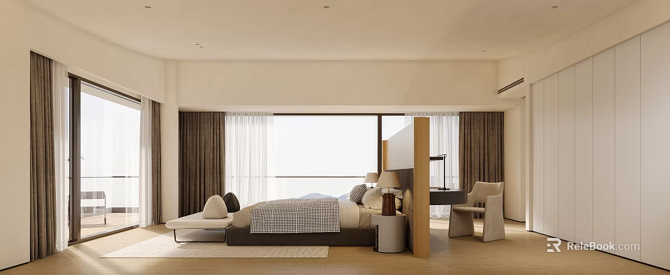 Modern Bedroom Interior Design With King Size Bed Headboard And Floor Curtains 3d model 