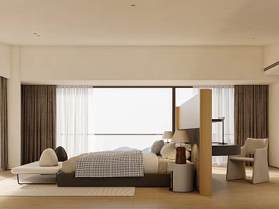 Modern Bedroom Interior Design With King Size Bed Headboard And Floor Curtains 3d model
