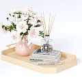 Decorative Ornament Set with Wooden Tray Pink Vase White Flowers Fragrance Diffuser and Books