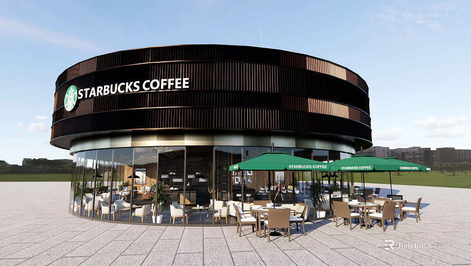 Starbucks Coffee Round Building With Wooden Panels Outdoor Seating Green Umbrellas And Stone Pavement 3d model 