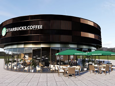 Starbucks Coffee Round Building With Wooden Panels Outdoor Seating Green Umbrellas And Stone Pavement 3d model
