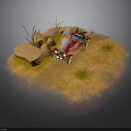 Sandy Desert Landscape Featuring Red Car Rocks Dry Grass And Smoke