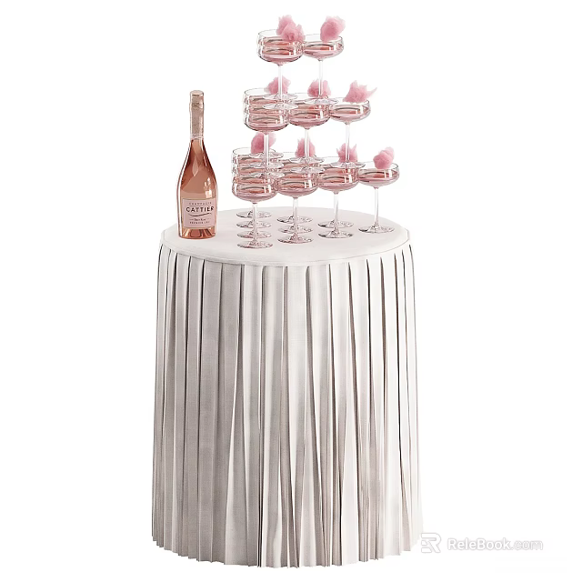 Pink Champagne Bottle With Decorated Wine Glasses On Fringed Round Table 3d model 