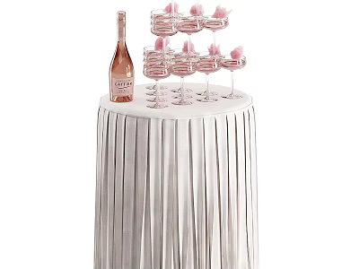 Pink Champagne Bottle With Decorated Wine Glasses On Fringed Round Table 3d model