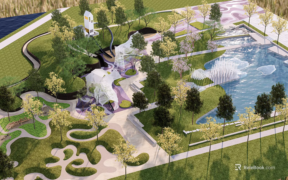 Scenic Urban Park Landscape With Lush Trees Curved Paths And Water Fountain 3d model 