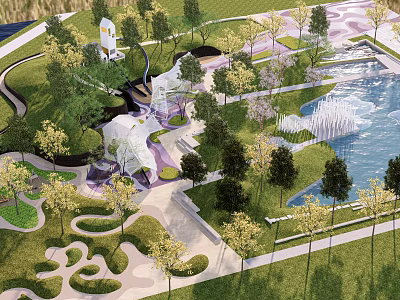 Scenic Urban Park Landscape With Lush Trees Curved Paths And Water Fountain 3d model