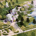 Scenic Urban Park Landscape With Lush Trees Curved Paths And Water Fountain