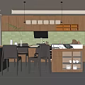 Modern Restaurant Interior With Dining Table Chairs Wooden Cabinets Green Backsplash And Pendant Lights