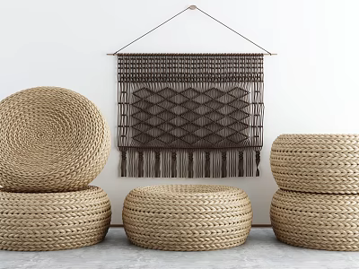Natural Woven Wicker Stools And Wall Hanging For Home Decoration 3d model