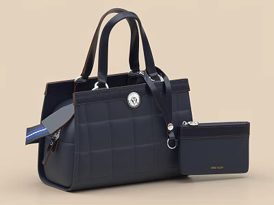 Navy Blue Quilted Tote Bag With Card Holder And Metal Accents 3d model