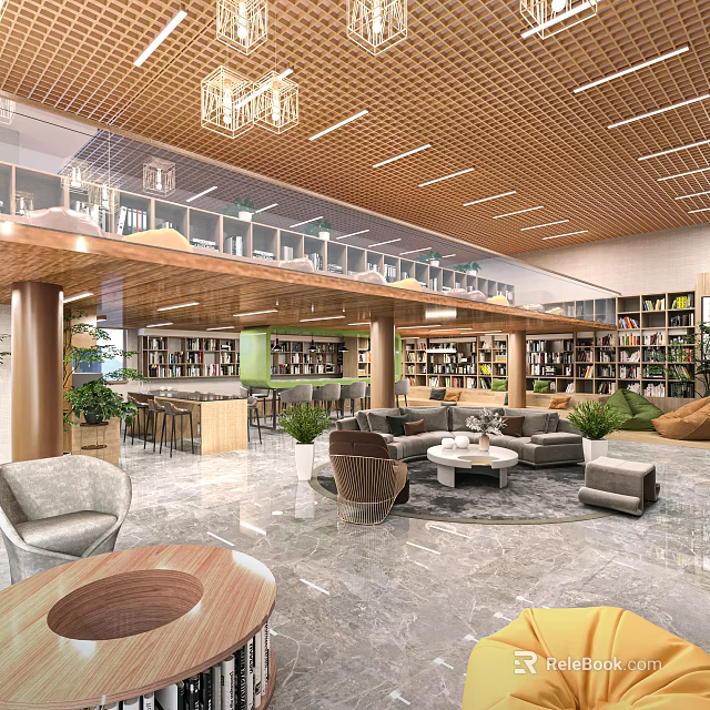 Modern Library Interior Design With Bookshelves Comfortable Seating And Greenery 3d model 