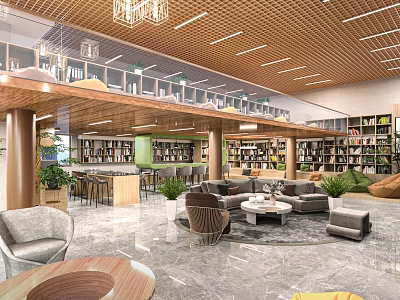 Modern Library Interior Design With Bookshelves Comfortable Seating And Greenery 3d model
