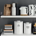 Organized Modern Kitchenware Display On Shelves With Hanging Mugs Jars And Coffee Machine