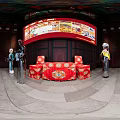 Ancient Chinese Architecture Stage with Red Decorations Golden Carvings Painted Plaque and Traditional Costume Figures