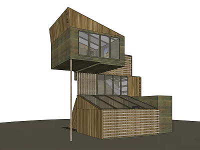 Modern Detached House With Wooden Exterior Large Glass Windows And Layered Structure 3d model