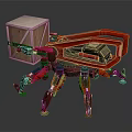 Red Mechanical Spider Robot Carrying Wooden Crate With Mechanical Legs