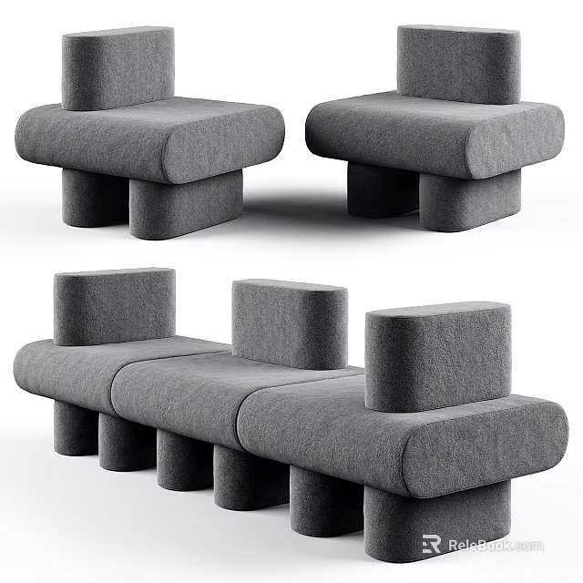 Modern Gray Fabric Sectional Sofa With Cylindrical Armrests And Modular Design 3d model 