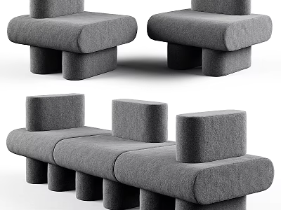 Modern Gray Fabric Sectional Sofa With Cylindrical Armrests And Modular Design 3d model