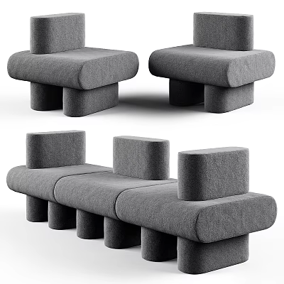 Modern Gray Fabric Sectional Sofa With Cylindrical Armrests And Modular Design 3d model