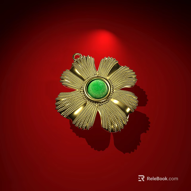 Elegant Gold Flower Shaped Pendant With Green Gemstone On Red Background 3d model 