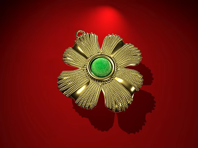 Elegant Gold Flower Shaped Pendant With Green Gemstone On Red Background 3d model