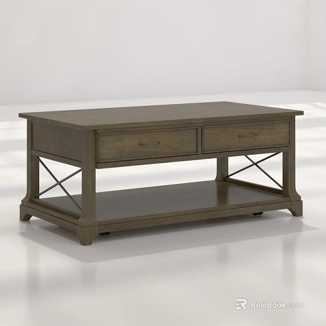 Modern Wooden Coffee Table With Two Drawers And Lower Shelf Design 3d model