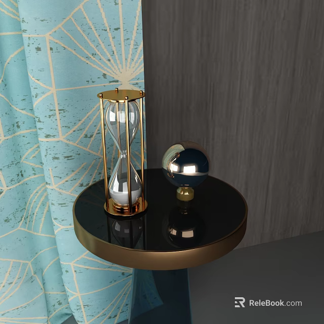 Decorative Ornament Set With Gold Framed Hourglass And Silver Sphere On Black Round Small Table 3d model 