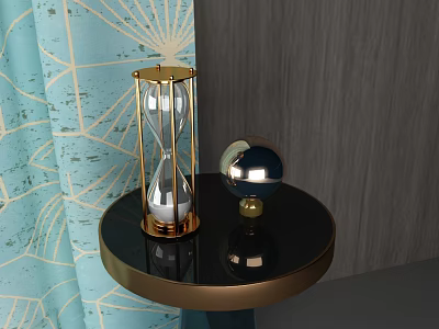 Decorative Ornament Set With Gold Framed Hourglass And Silver Sphere On Black Round Small Table 3d model