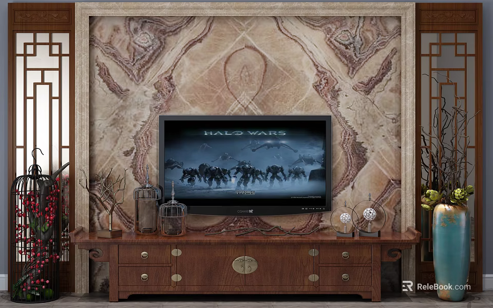 Chinese Style TV Background Wall With Marble Pattern And Wooden Stand 3d model