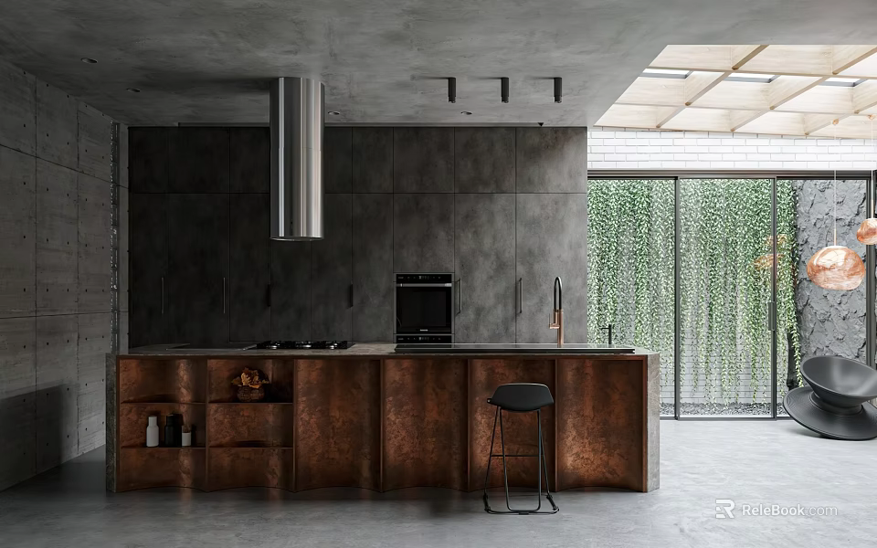 Industrial Kitchen With Copper Island Bar Stool Skylight And Greenery Wall 3d model 