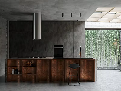 Industrial Kitchen With Copper Island Bar Stool Skylight And Greenery Wall 3d model
