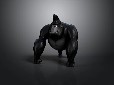 Black Muscular Gorilla Crouching with Open Mouth and Exposed Teeth 3D Rendering on Gray Background 3d model