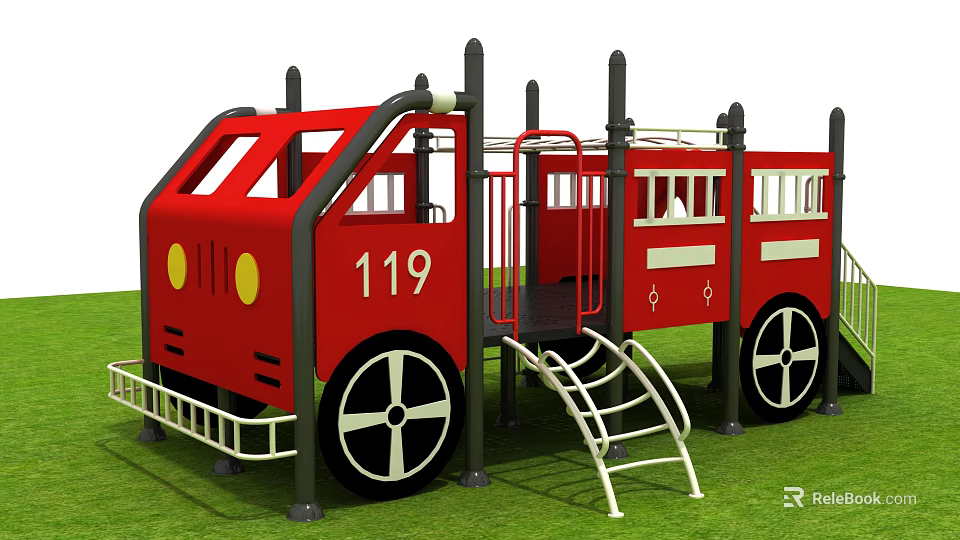Red Fire Truck Themed Kids Playground Structure With Ladder And Slide On Green Grass 3d model 