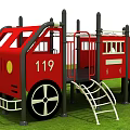 Red Fire Truck Themed Kids Playground Structure With Ladder And Slide On Green Grass