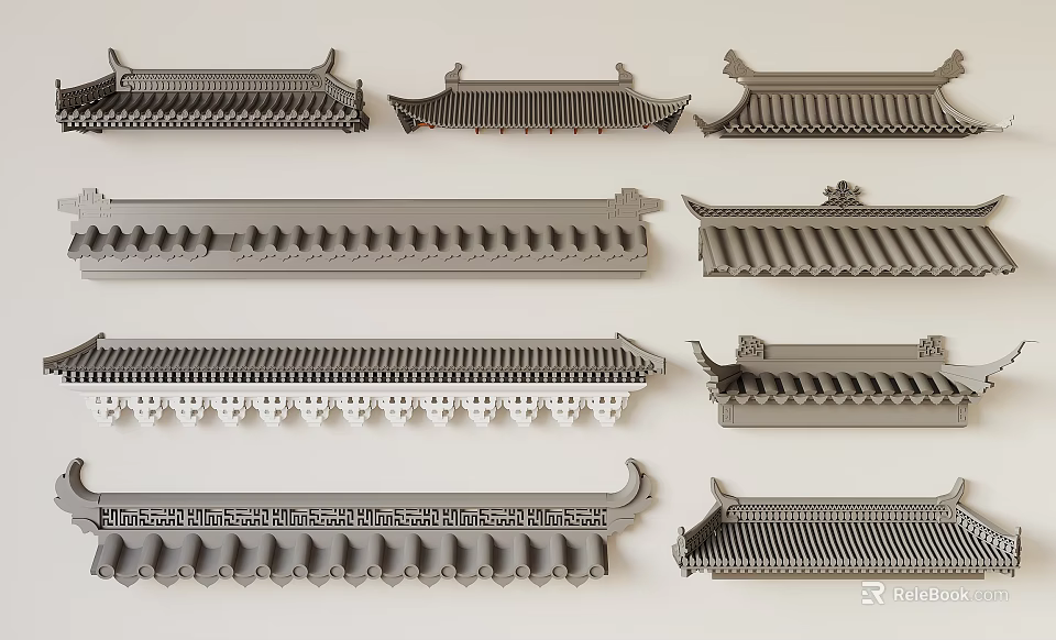 Detailed Traditional Chinese Architectural Roof Decoration Elements In Various Grey Styles 3d model 