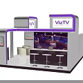 Modern Black VizTV Exhibition Booth With Purple Accents Logo Display Screens And Bar Stools